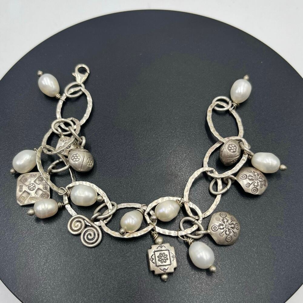 Artisan Sterling Silver White Freshwater Pearl‎ Ladybug Link Charm Bracelet